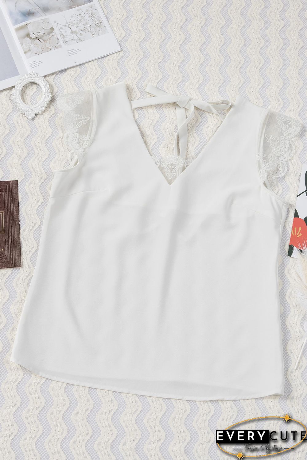 White Lace Patchwork Lace-up Backless V Neck Blouse