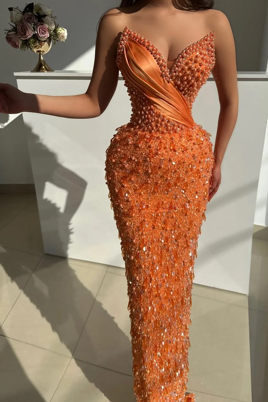 Daisda Sleeveless Mermaid V-Neck Strapless Sequins Prom Dress With Beads