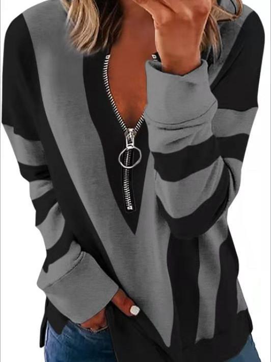 Women Long Sleeve Scoop Neck Striped Printed Colorblock Top