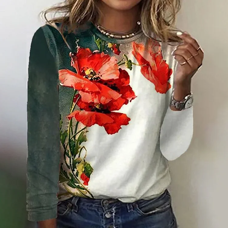 Flower Color Block Print Casual T-Shirt