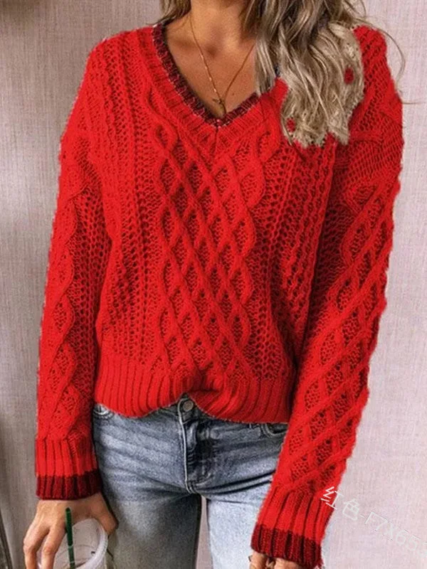 Women Long Sleeve V-neck knit Hollow Sweaters