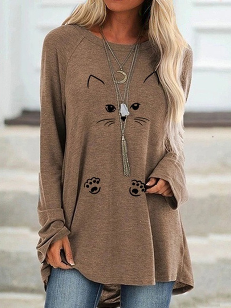 Lovely Cat Face Printed Long-Sleeve Tee Dress wearshes