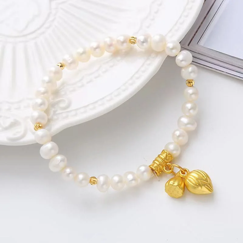18K Gold Natural Pearl Lotus Flower Pod Wisdom Charm Bracelet