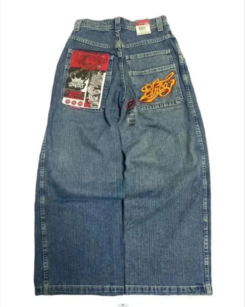 Spontork Retro Skull Graphic Embroidered JNCO Jeans New Harajuku Hip Hop Baggy Jeans Denim  Pants Men Women Goth High Waist Wide Trousers Pants