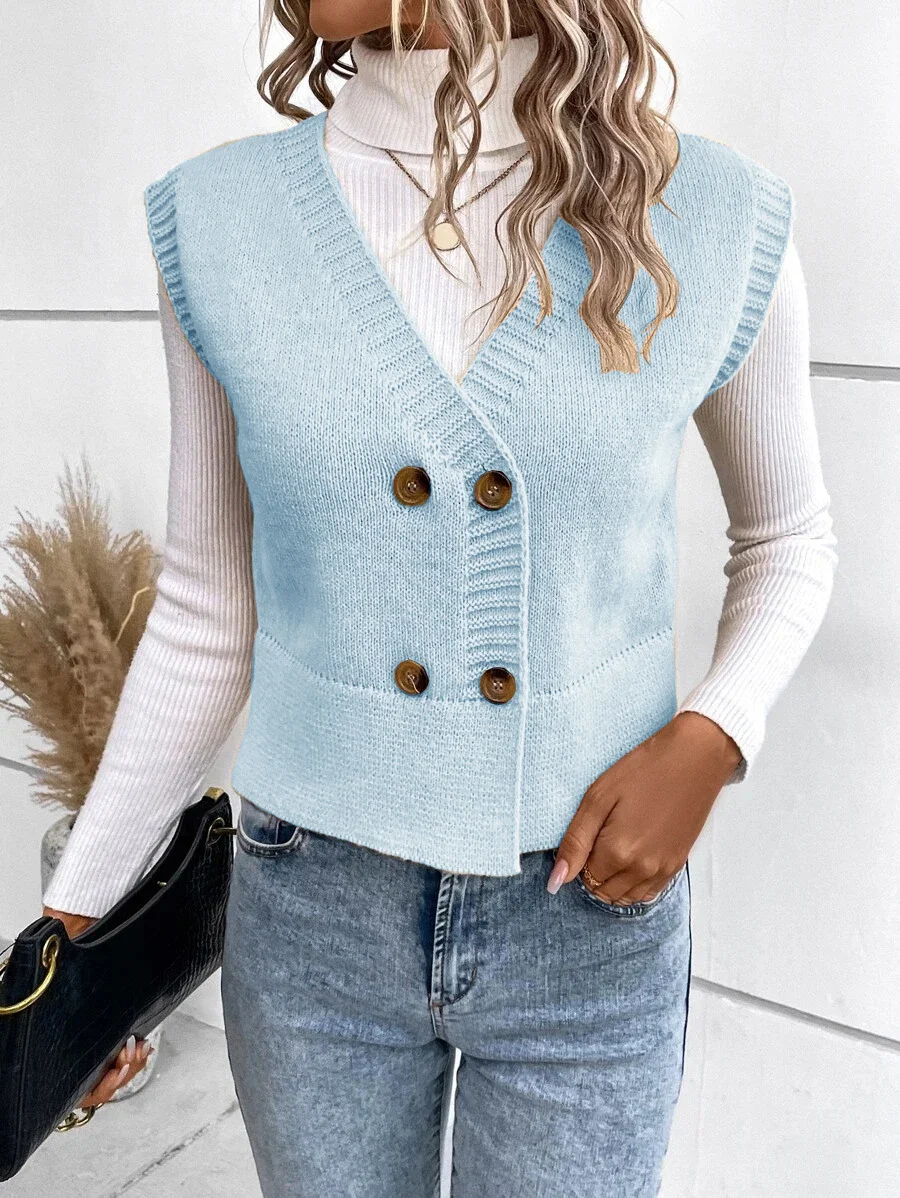 Wongn Wongn Knit Vest V-Neck Button Casual Sweater Double Breasted Women's Cardigan