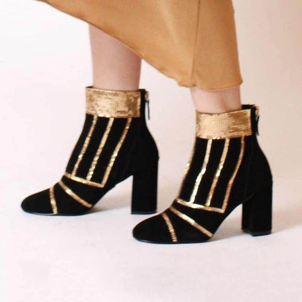 Black Round Toe Boots Suede Diamond Line Ankle Boots