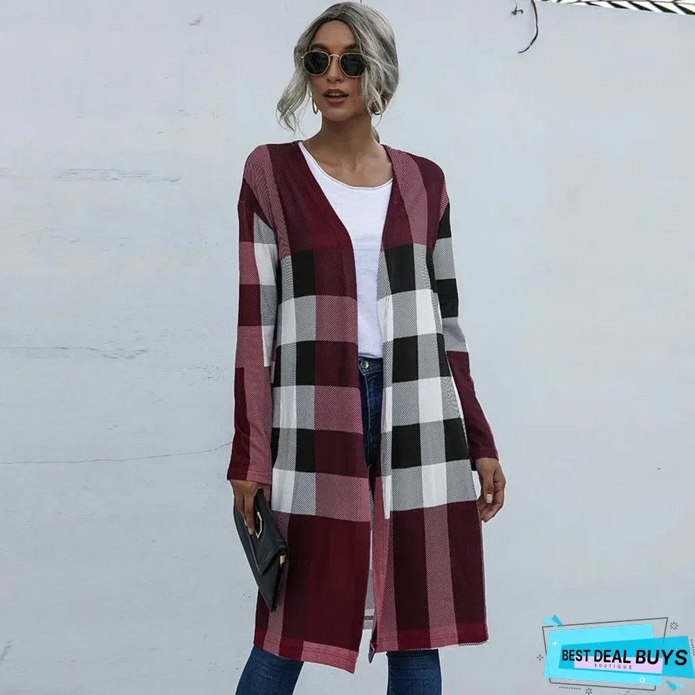 Autumn Women's Plaid Fashion Buttonless Straight Cardigan Coat Women