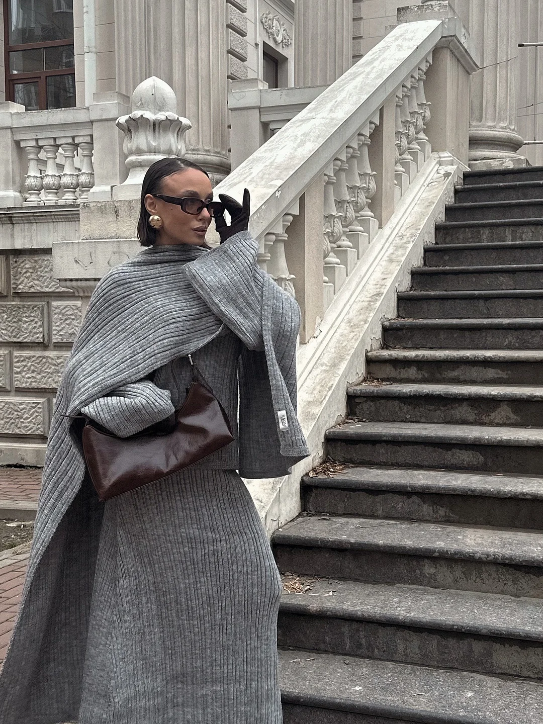 Athvotar Athvotar And Winter Pure Color Round Collar Jersey Sweater Set Of Women's Loose Knitted Sweater Broad Leg Trousers Scarf Three Sets