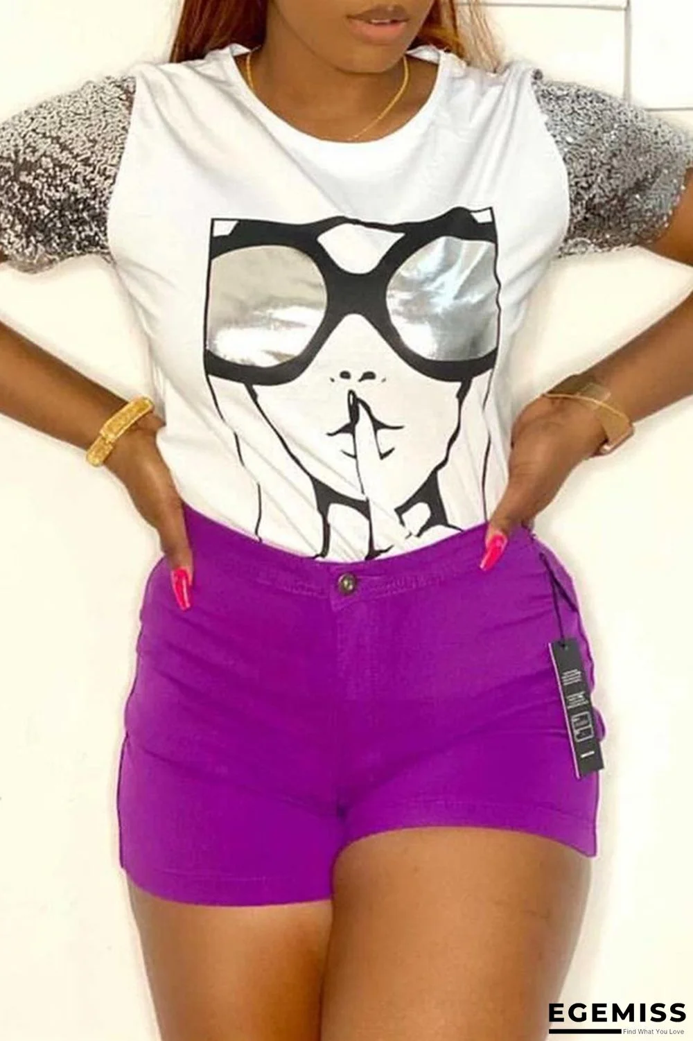 White Fashion Casual Print Patchwork O Neck T-Shirts | EGEMISS