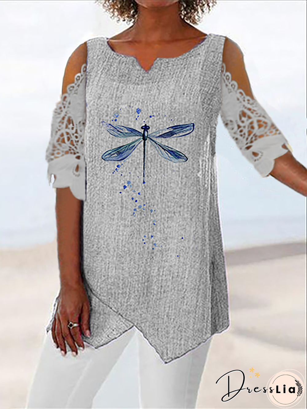 Plus size V Neck Dragonfly Casual Tops