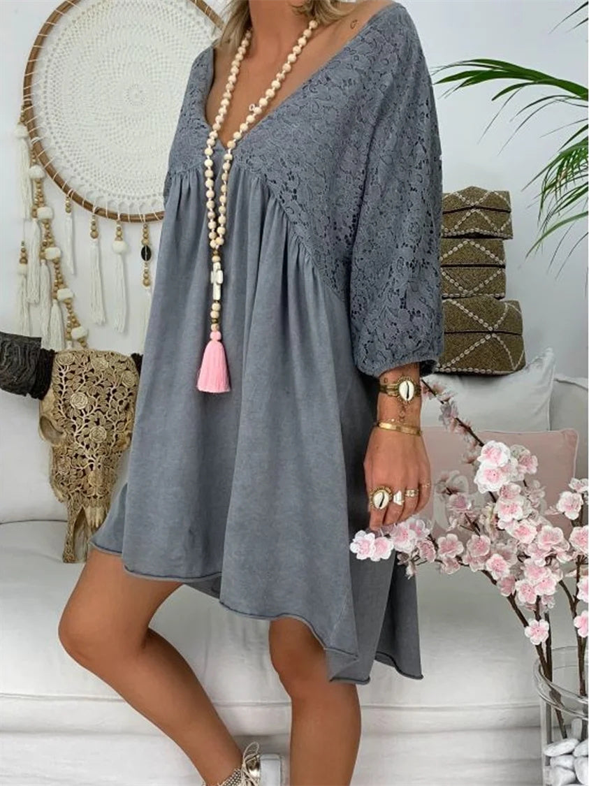 Women's 3/4 Sleeve V-neck Lace Stitching Midi Dress