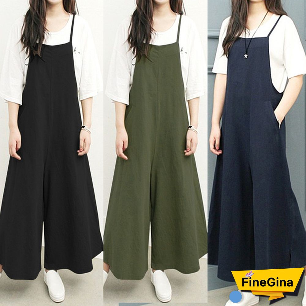 ZANZEA Summer Women Cotton Loose Strappy Romper Long Pants Wide Legs Jumpsuit Pure Color Plus