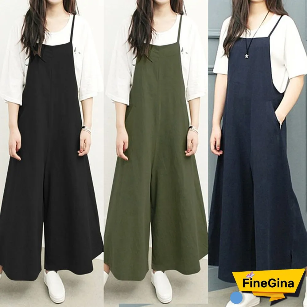 ZANZEA Summer Women Cotton Loose Strappy Romper Long Pants Wide Legs Jumpsuit Pure Color Plus