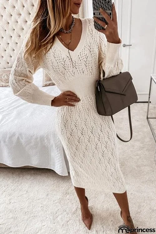 Hollow V Neck Puff Sleeve Sweater Dress