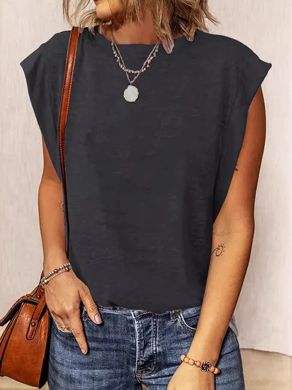 Solid Color Split-Joint Loose Sleeveless Round-Neck Vest Top