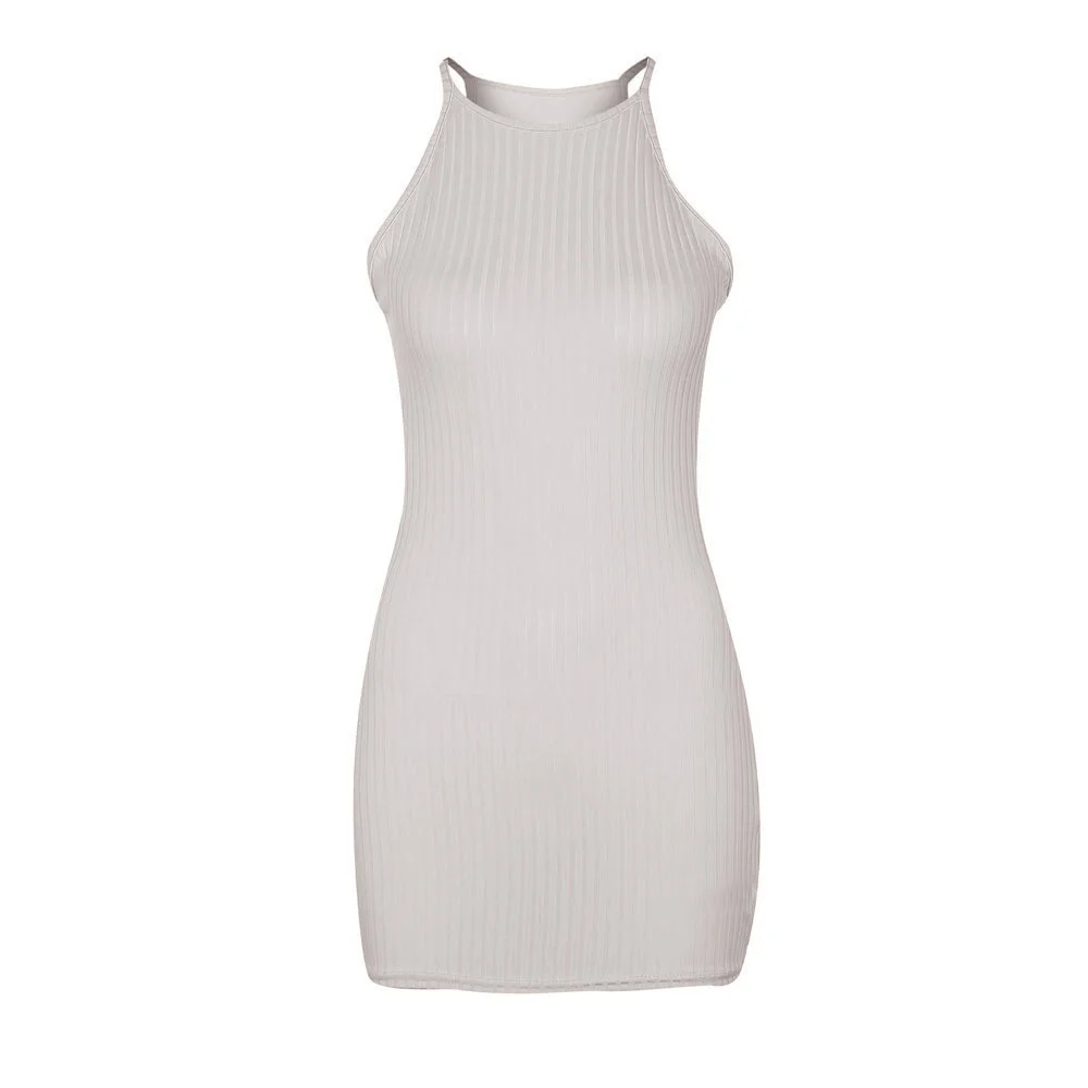 Uveng Uveng Spring And Summer Sexy Ribbed Small Halter Dress Solid Color Knit Show Thin Commuter Skirt
