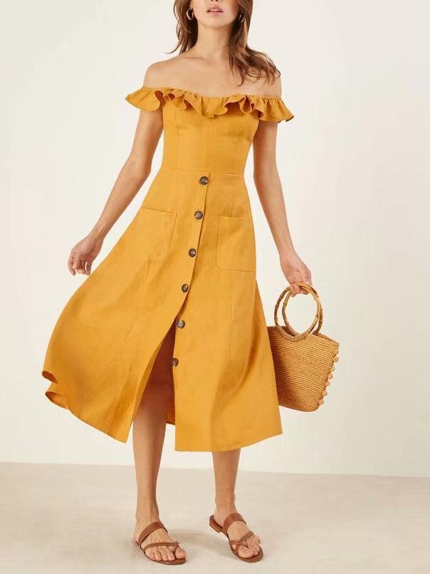 Yellow Off Shoulder Buttons Solid Color Dress