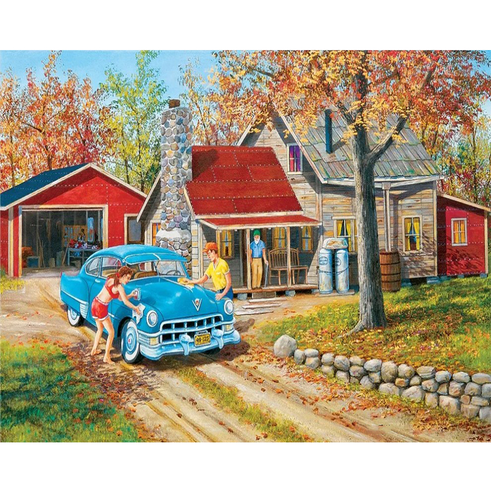 

40*30CM - Round Drill Diamond Painting - Village Car, 501 Original