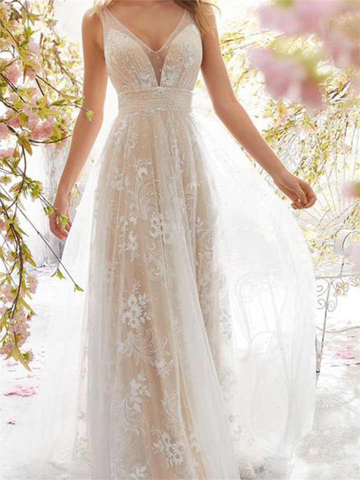 Women New Wedding Sexy V-neck Sleeveless Lace Wedding White Dresses Gowns
