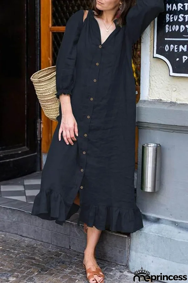 Casual Solid Buckle Flounce Stringy Selvedge Collar A Line Dresses