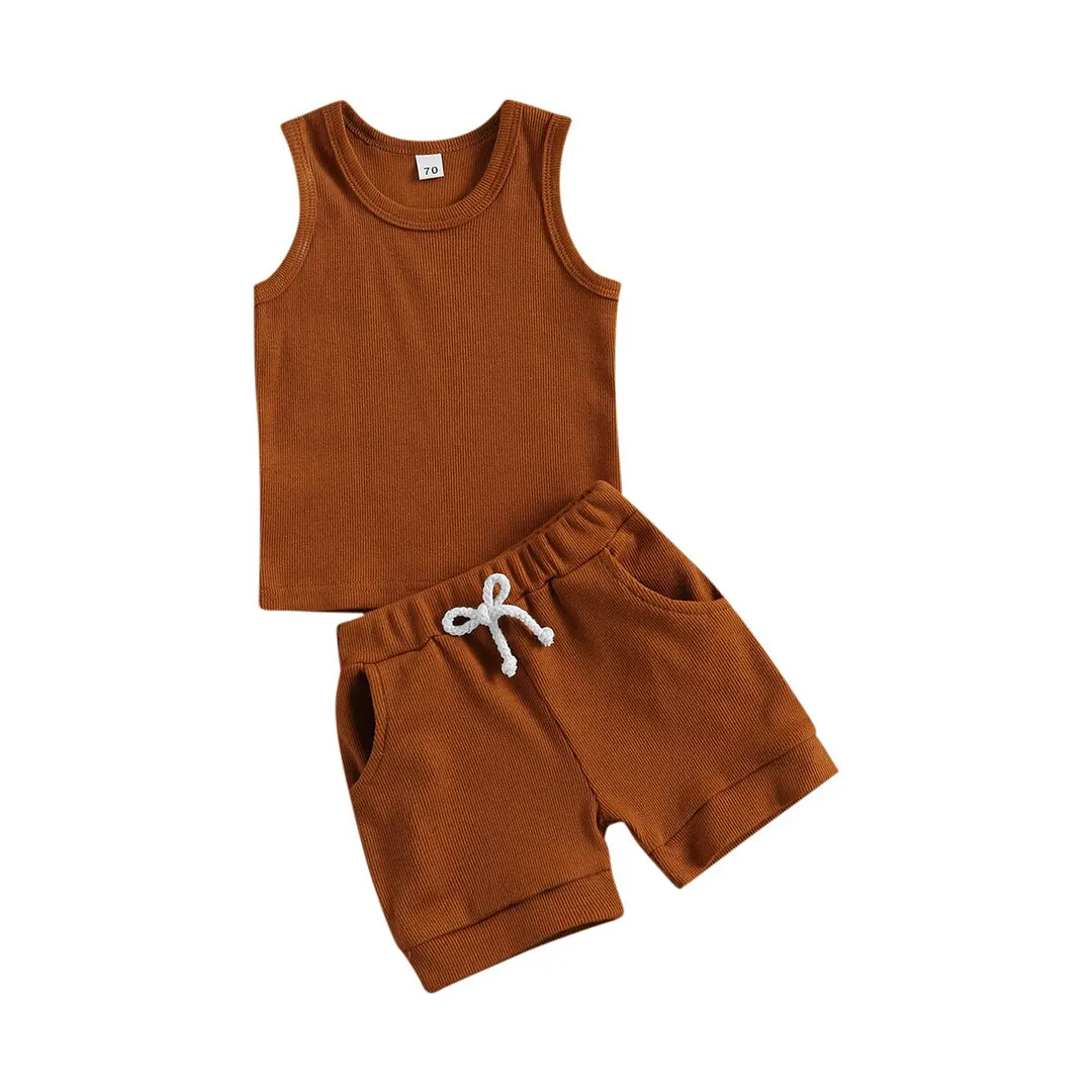 2021 Baby Summer Clothing Newborn Baby 2-piece Outfit Set Sleeveless Solid Color Tops+Shorts Set for Kids Boys Girls