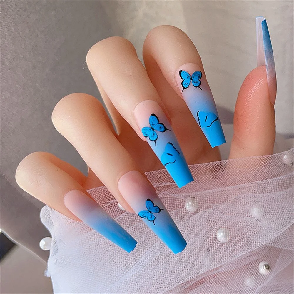 Detachable Coffin Biscuit Pattern False Nails With Designs Ballerina Fake Nails Full Cover Press On Nail Tips With Press Glue