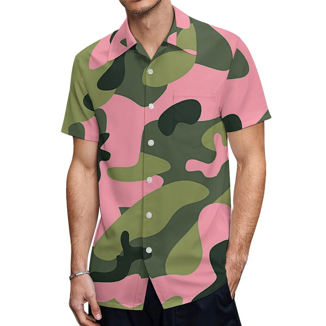Country Pink Green Army Camo Camouflage Hawaiian Shirt Mens Button Down Plus Size Tropical Hawaii Beach Shirts