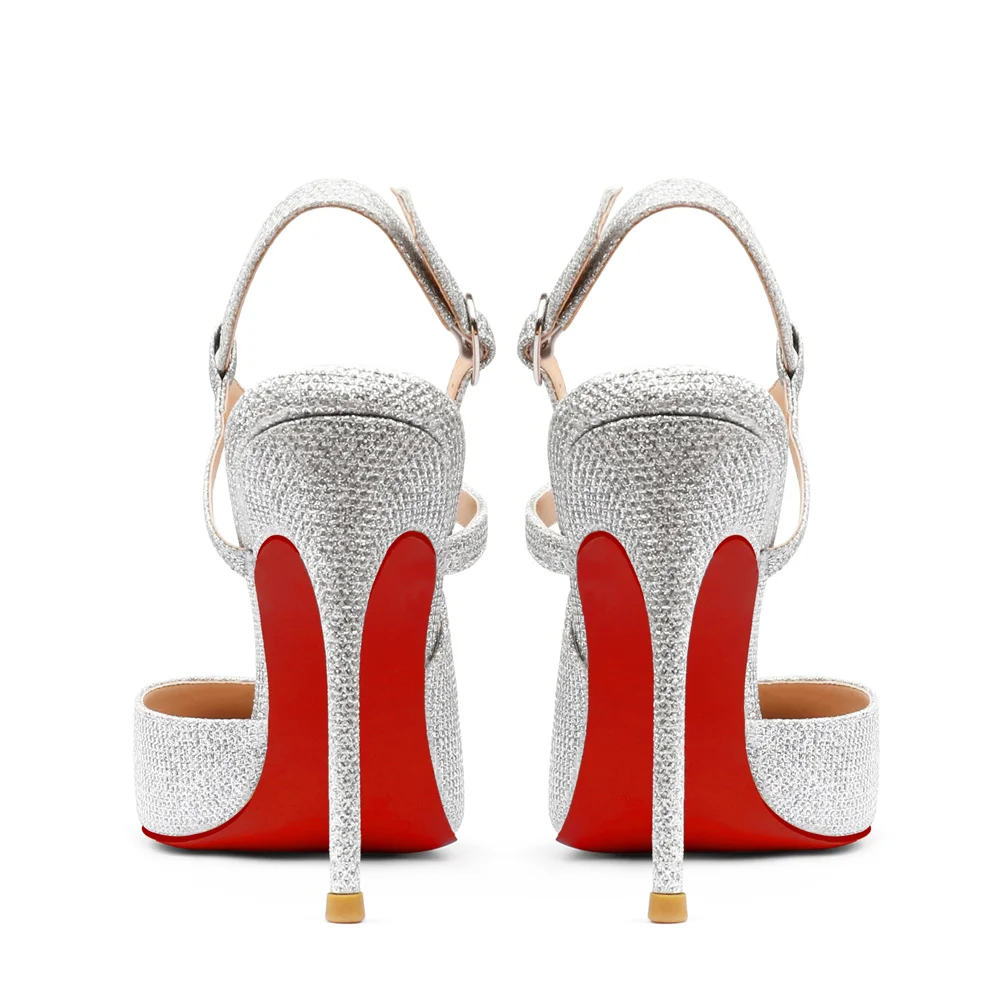 100mm Mid Heel Women Slingback Pumps Ankle Strap Jenlove Stiletto Close Pointed Toe Dress Red Bottoms Matte Glitter Shoes-MERUMOTE