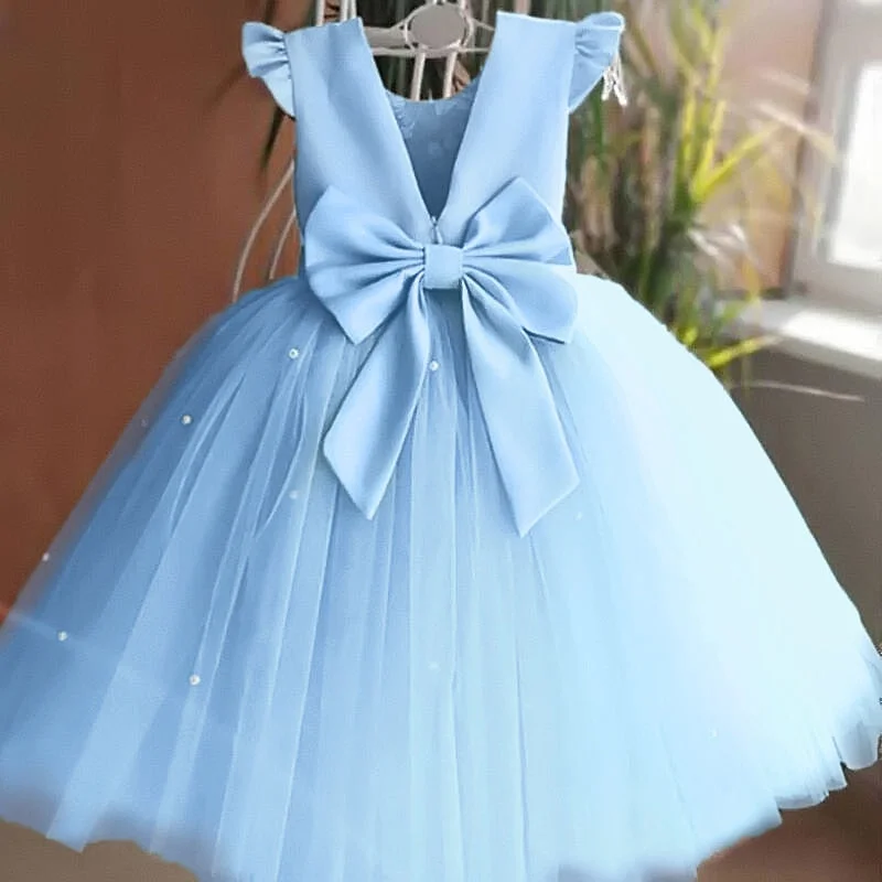 Toddler Baby Girls Birthday Baptism Party Princess Dress Flower Girl Dresses For Weddings Kids Pearls Bow Backless Mesh Clothes