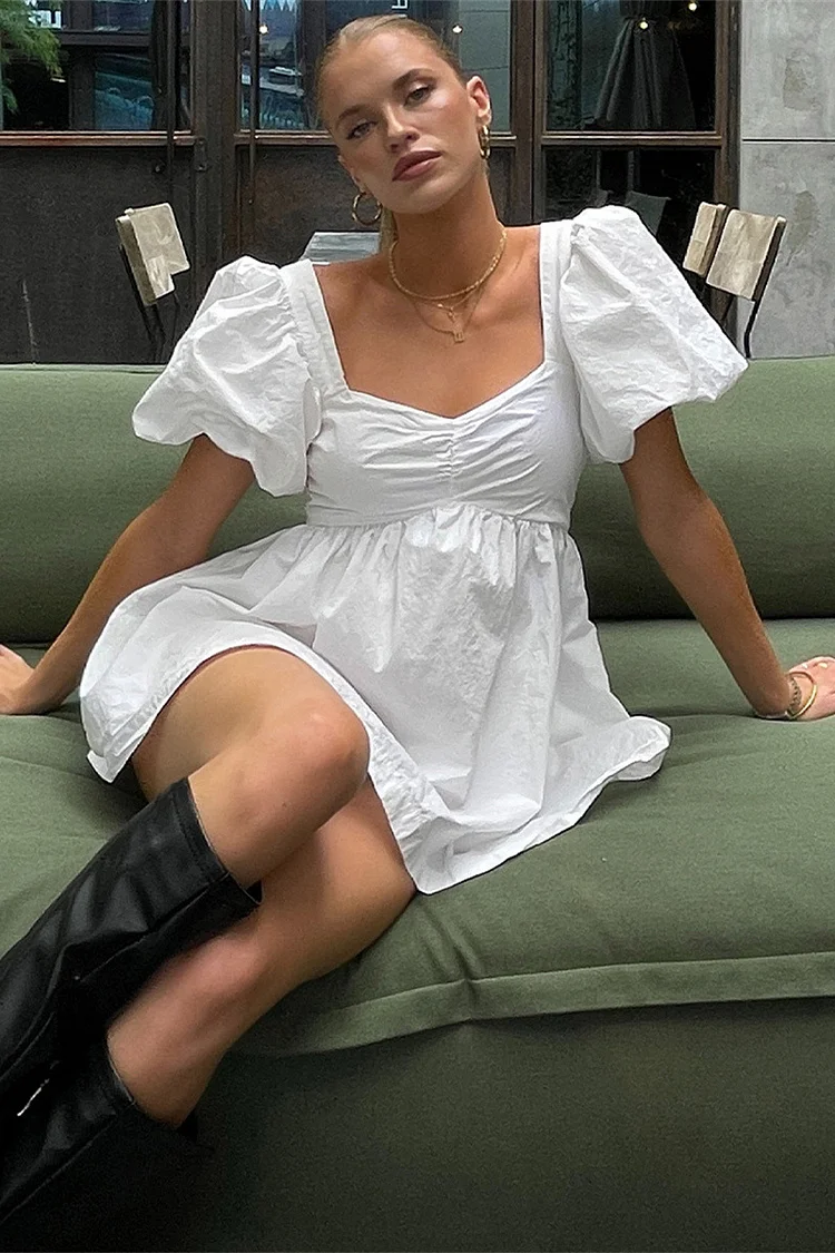Irregular Neck Short Puffy Sleeve Ruched Pleated White Vacation Mini Dress