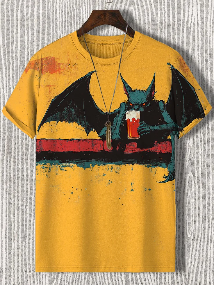 Men's Creepy Bat Drinking Beer Oil Painting Print Casual T-Shirt