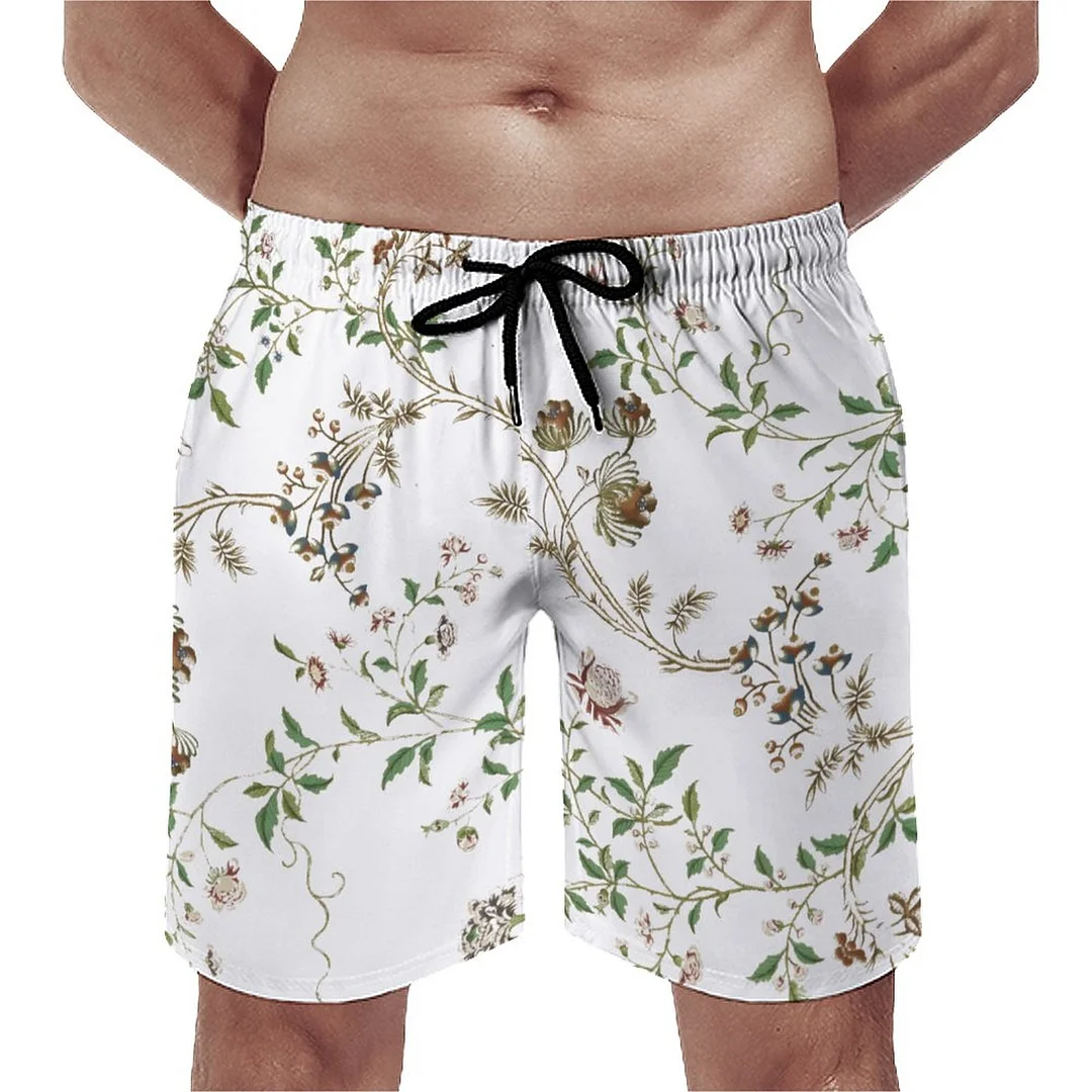 Antique 18Th Century Floral Vine Men's Swim Trunks Summer Board Shorts Quick Dry Beach Short with Pockets