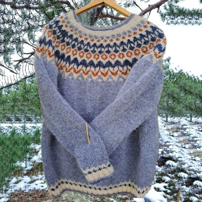 Vintage Icelandic Light Blue Knit Jacquard Warmth Crew Neck Sweater(Unisex)