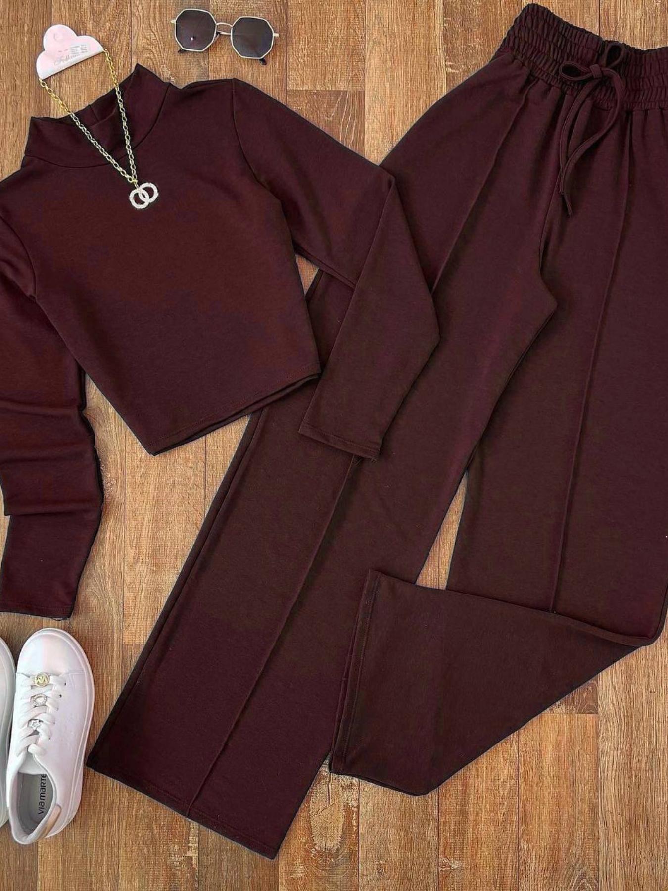 Women's Spring & Fall Fashion Two-Piece Set, Womenswear Long Sleeve Woven Plain Pattern Slim Fit Casual Basic, Perfect for Daily Wear