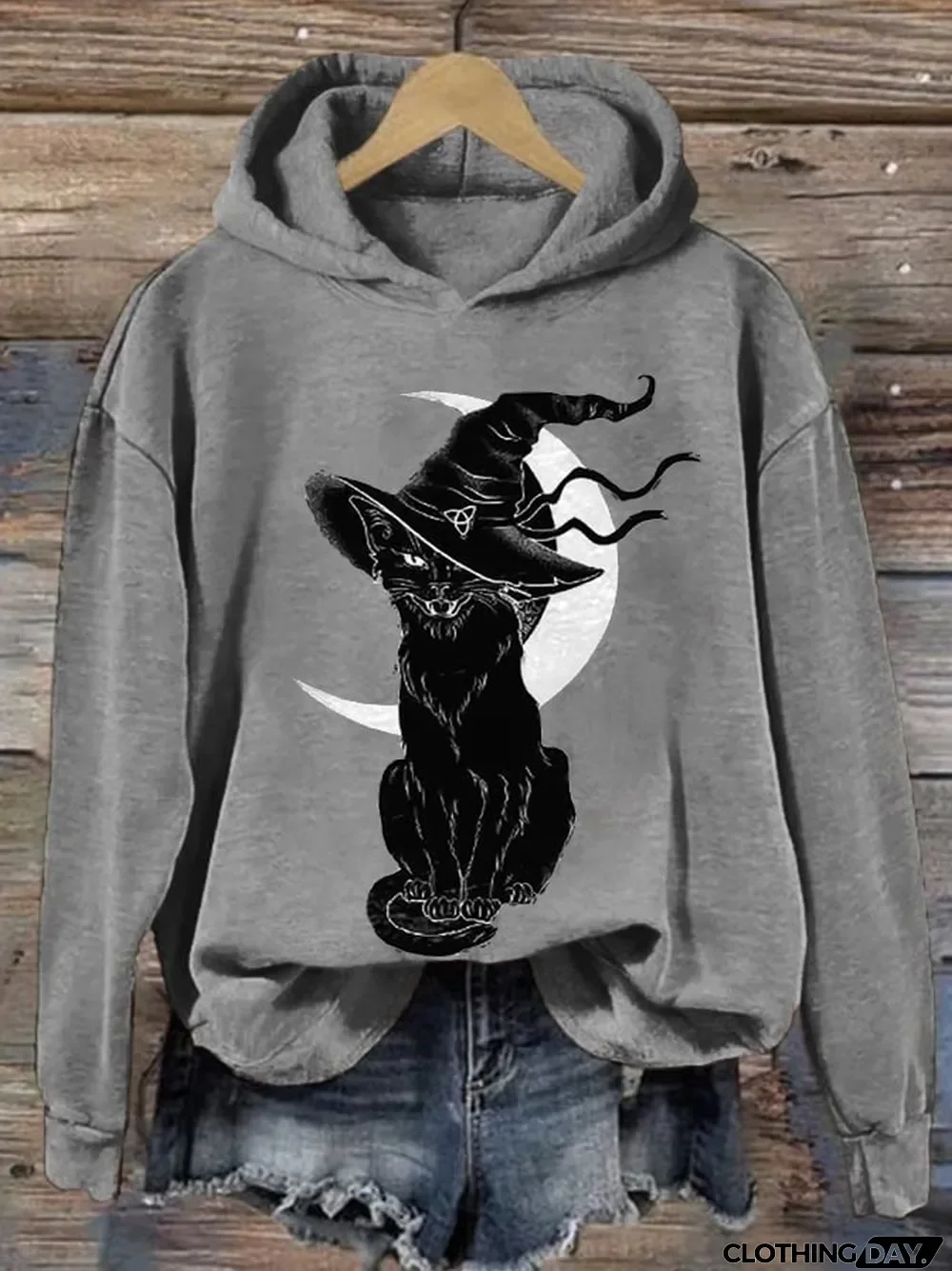 Women's Halloween Moon Cat Witch Print Casual Sweatshirt