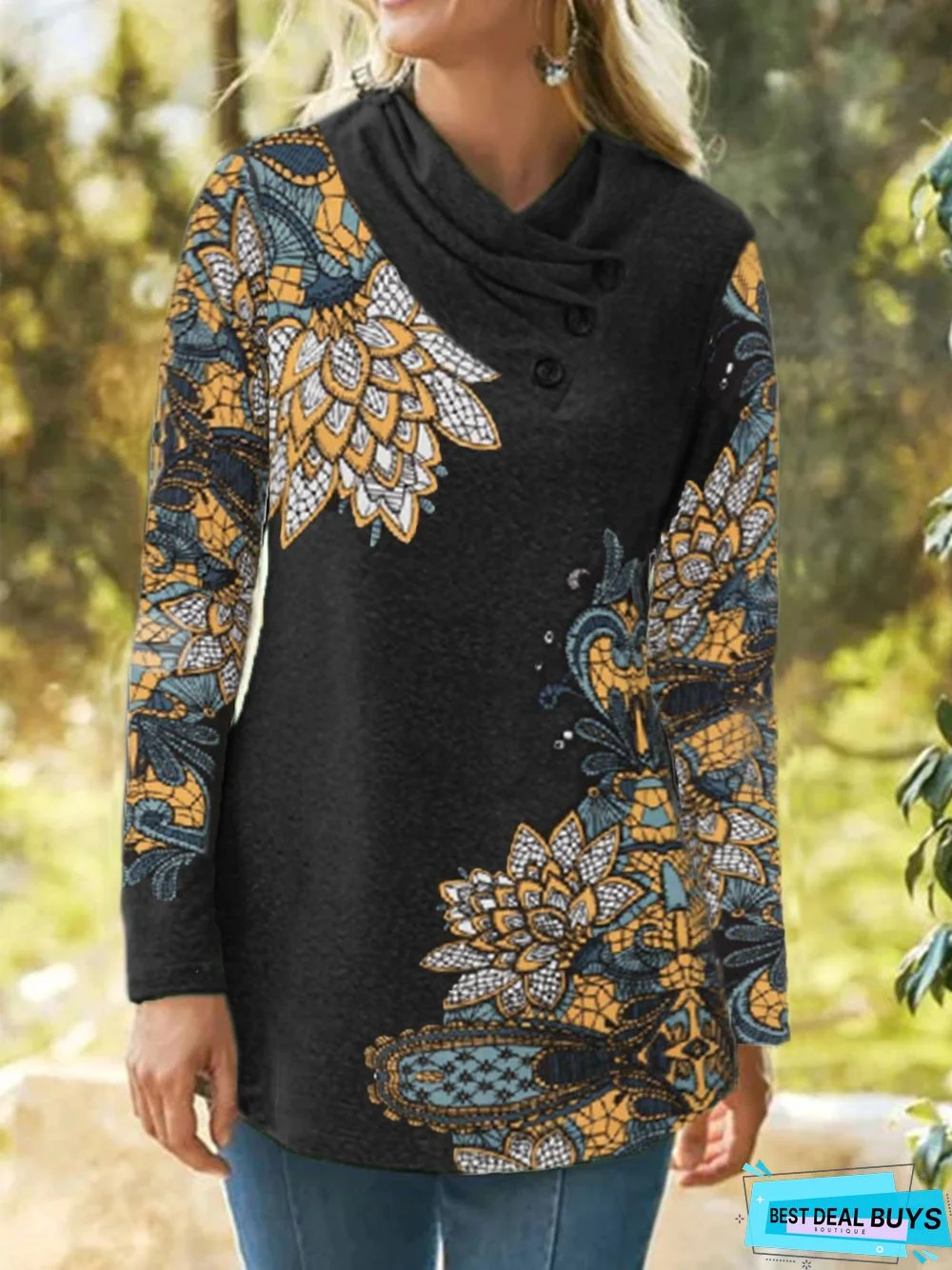 Casual Floral Cowl Neck Long Sleeve Tops