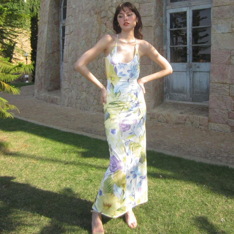 Ootddress Printed Backless Fashion Dress For Women Bandage Summer 2025 Slim Elegant Ladies Party Dress Gown Lace-Up Sexy Maxi Dress