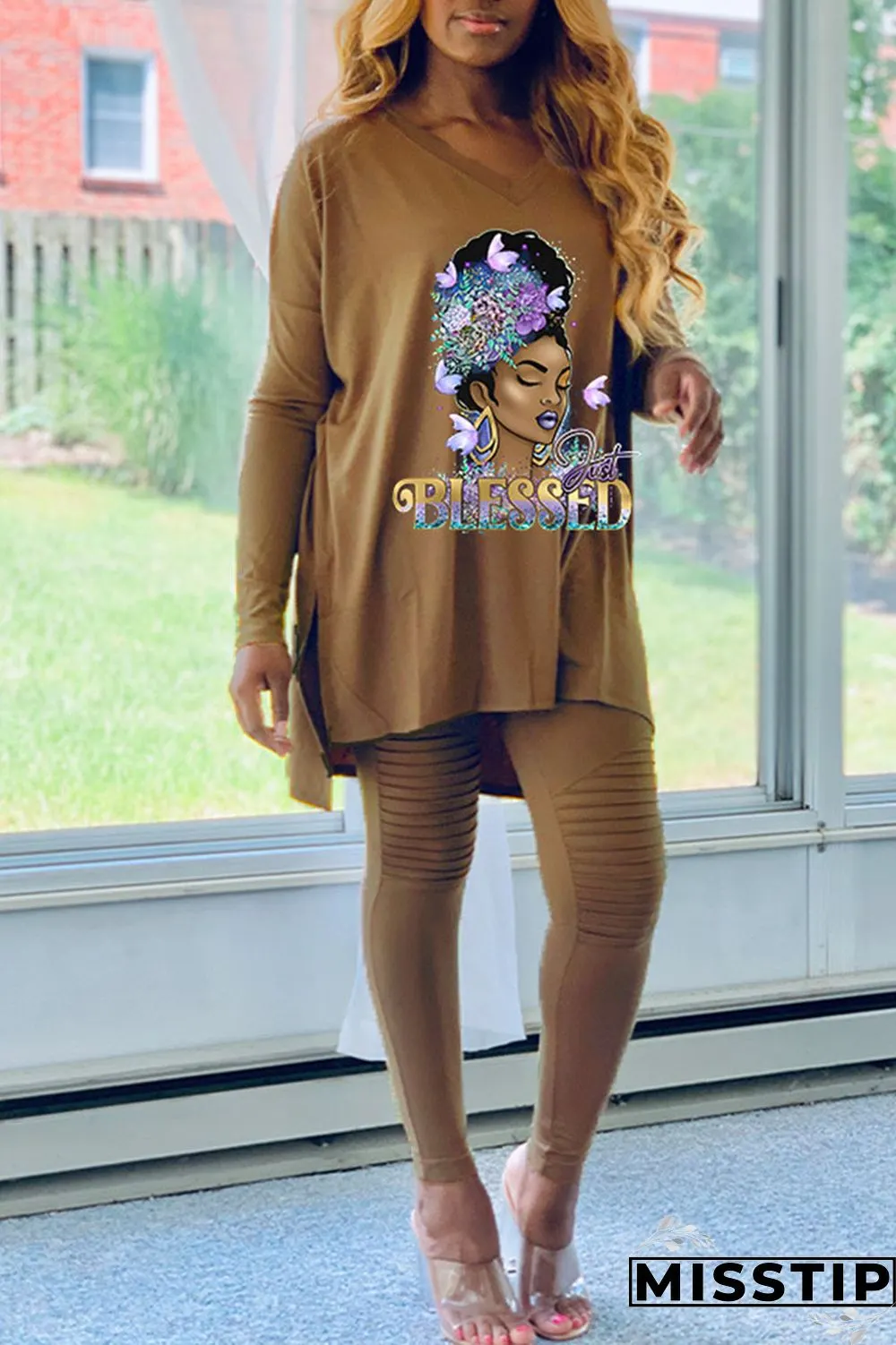 Burgundy Casual Print Patchwork V Neck Long Sleeve Two Pieces