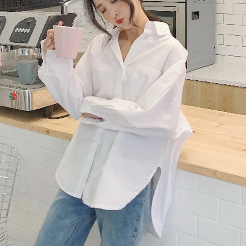 Casual Solid Loose Women Shirt Spring Elegant Clothes Autumn New Cotton White Blouse Women Vintage Long Sleeve Tops Blusas 11456