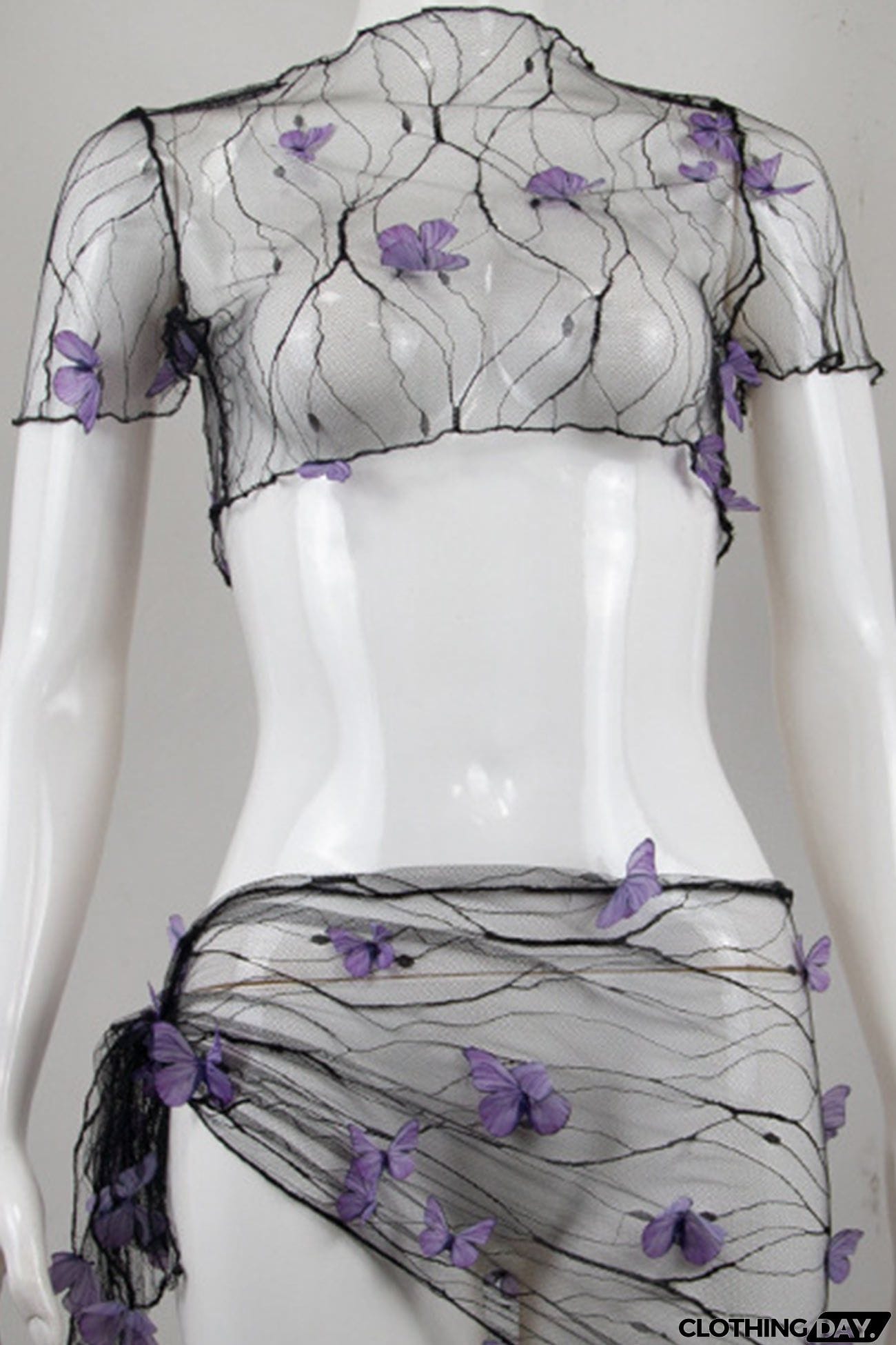 Mesh Butterfly Decoration Crop Top Skirt Suits