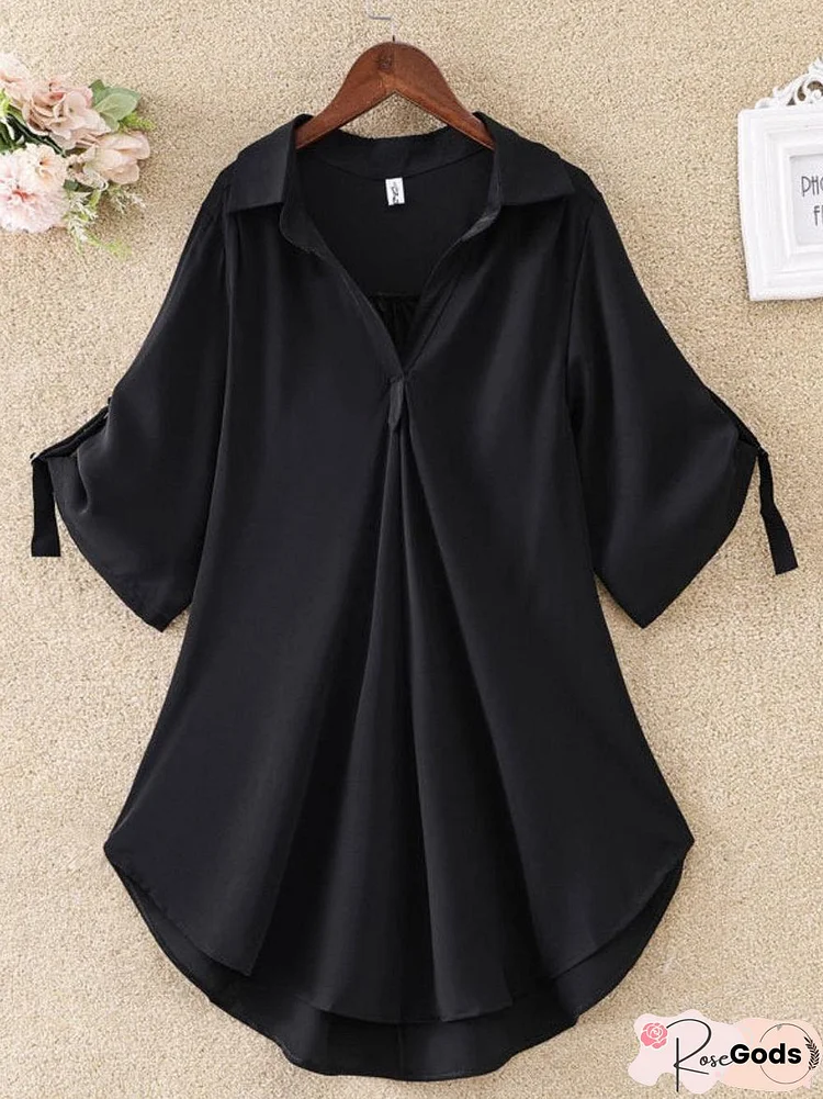 V-Collar Plain Color Loose Chiffon Short-Sleeved Shirt