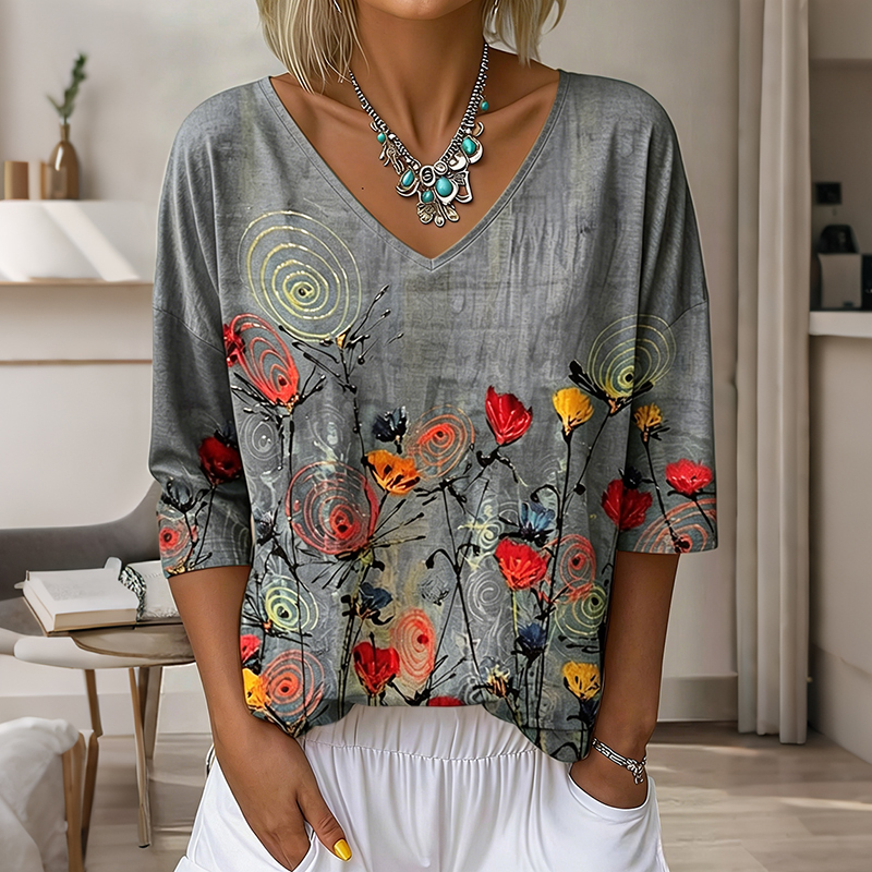 Comstylish Women's Vintage Floral Pattern Art Print Flowy Linen Blend Three-quarter Sleeve V Neck Linen Tops