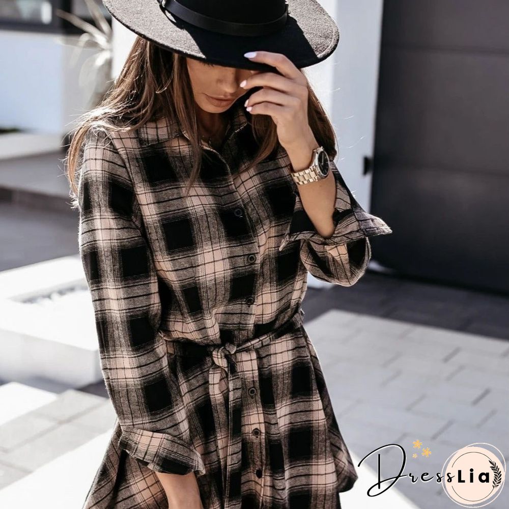 Autumn and Winter Fashion Sexy Printed Shirt Plaid Dress Skirt
