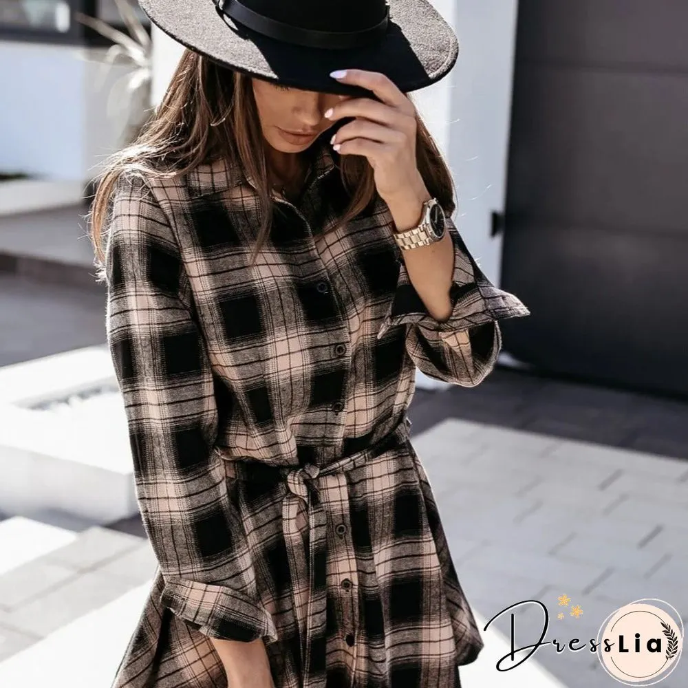 Autumn and Winter Fashion Sexy Printed Shirt Plaid Dress Skirt