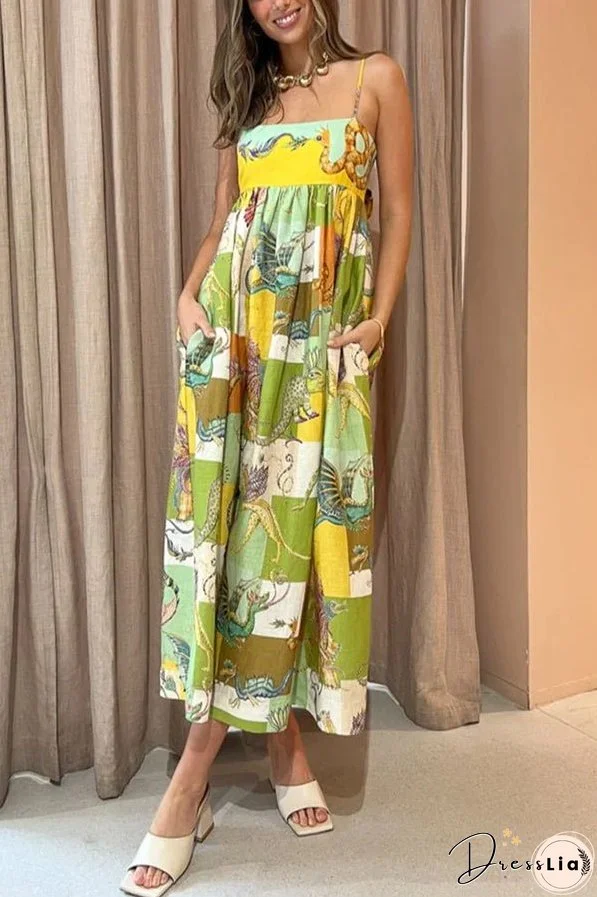Dragon Family Printed Linen Blend Pocketed Back Knotted Midi Dress