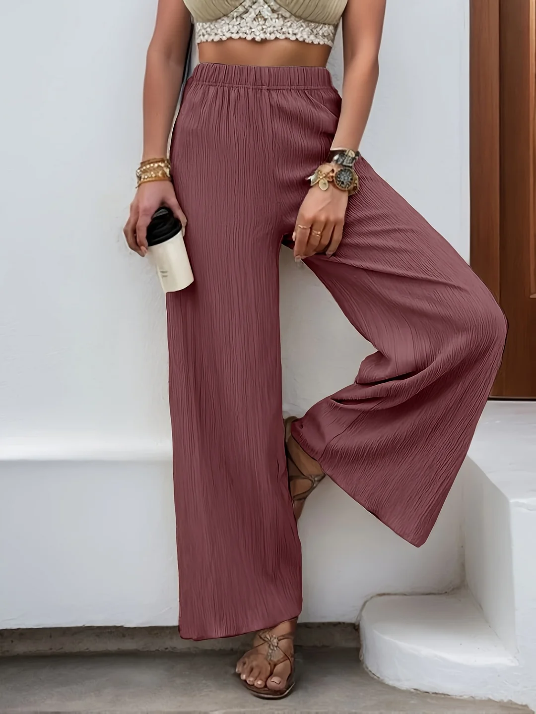 Women's Beige Wide-Leg Pants With Elastic Waistband - Casual Loose Fit, High-Waisted Design, Perfect For Spring/Summer, Comfortable & Stylish, High Waisted Pant | IFYHOME