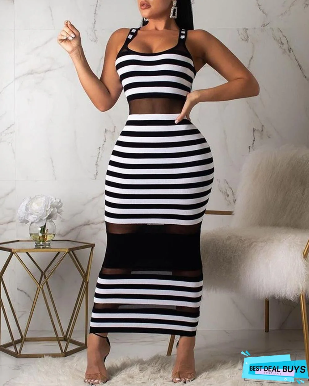 Thin Strap Striped Mesh Dress