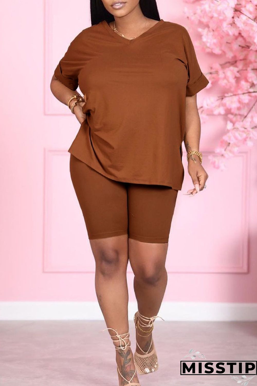 Khaki Casual Solid Patchwork V Neck Short Sleeve Two Pieces