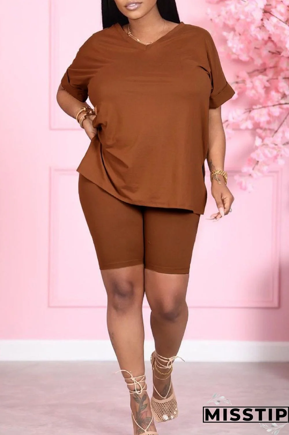 Khaki Casual Solid Patchwork V Neck Short Sleeve Two Pieces