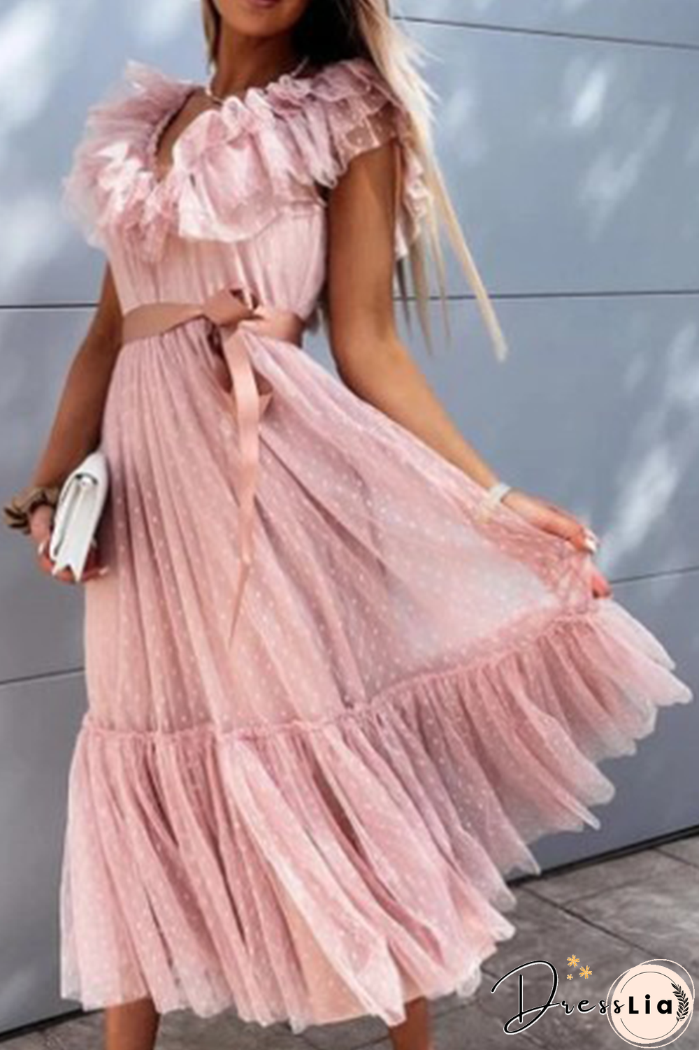 Elegant Solid With Belt Mesh V Neck A Line Dresses